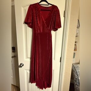 Elegant Ribbed Red Velvet Wrap Dress